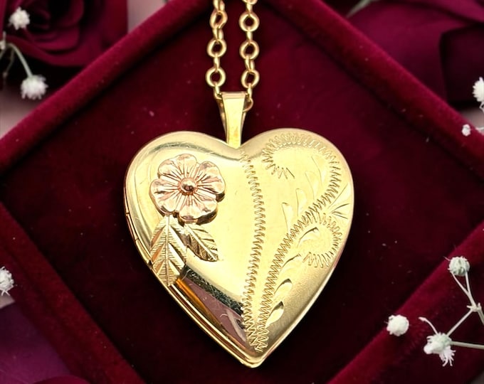 Vintage 14K GF Heart Locket Necklace - CCO Coleman Company Black Hills Gold Tricolor Floral Etched Pendant Jewelry Flower, Gift for Her
