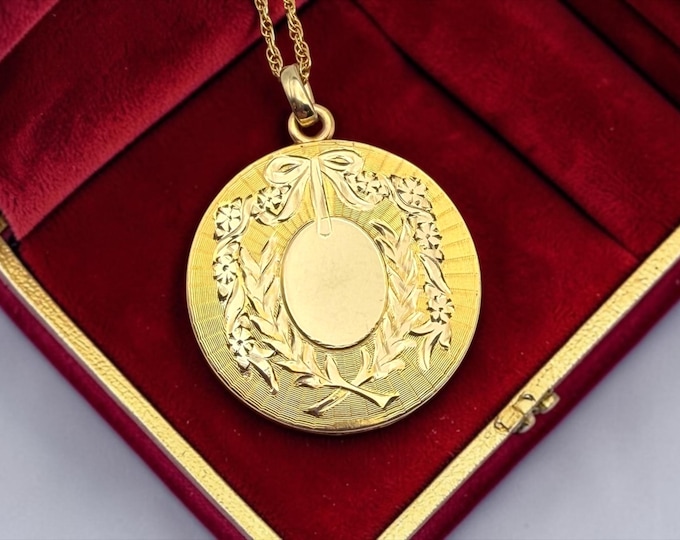 Antique Gold Locket - Edwardian Gold Filled Necklace Monogrammed AH Etched Blow Flowers WG Clark Hallmark Round Photo Locket 14K GF Chain