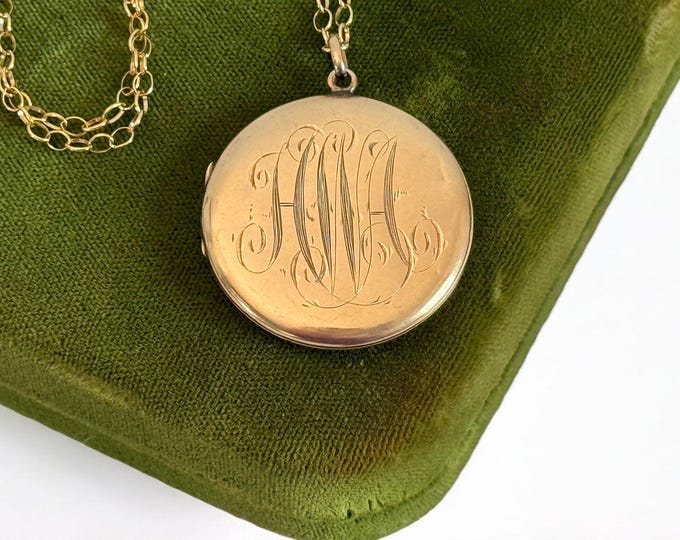 Vintage 10K Gold Round Locket Monogrammed HWA Necklace on 14K Gold Filled Chain - Engraved 2 Photo Pendant - Estate Jewelry Gift Woman Girl