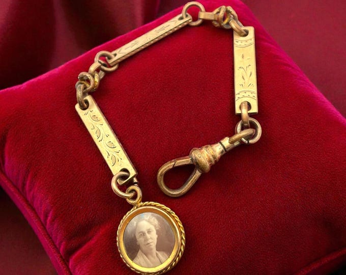 Victorian Gold Plated Photo Fob Pocket Watch Chain - Antique Jewelry