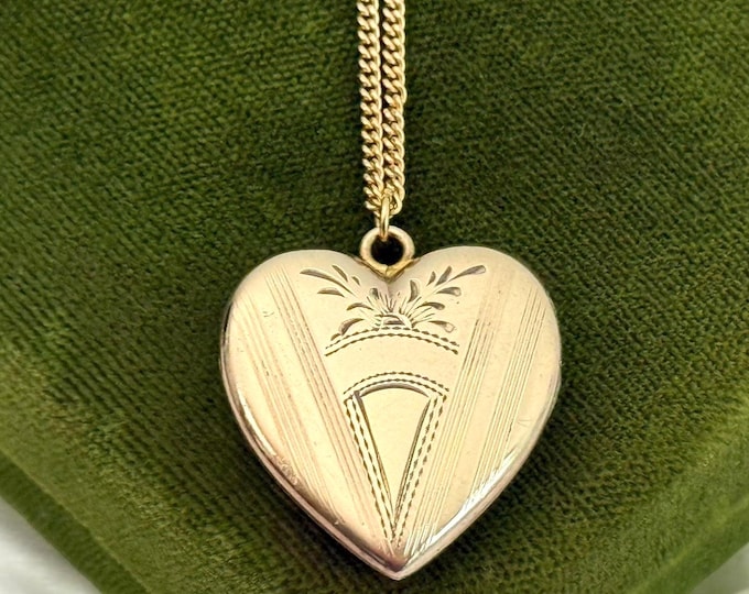 Vintage 10K Gold Filled Heart Locket Necklace on 12K GF Chain - Hallmarked Etched Pendant