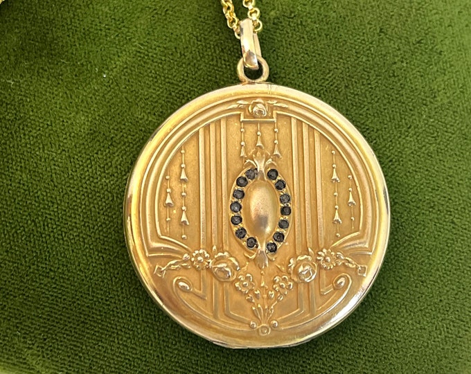 Antique Art Deco Large Round Photo Locket w/ Paste - SB Co Hallmark 14K GF Chain - Vintage Necklace w/ Ornate Monogram “AL” Estate Jewelry