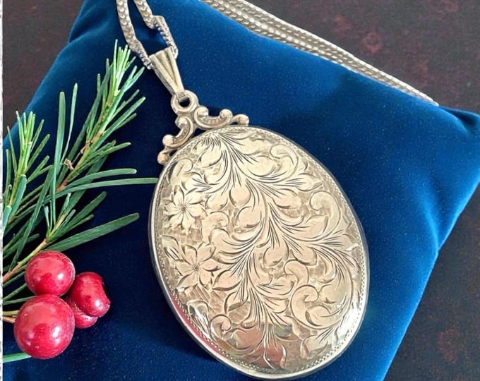 Vintage Birks Style Sterling Silver Locket Necklace: LARGE Hand Chased Floral Photo Pendant