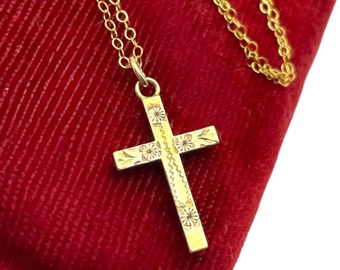 Vintage Gold Filled Etched Cross - STURDY Hallmark Pink 12K GF on 14K GF Chain 1950s Retro Religious Christian Pendant Necklace Jewelry Gift