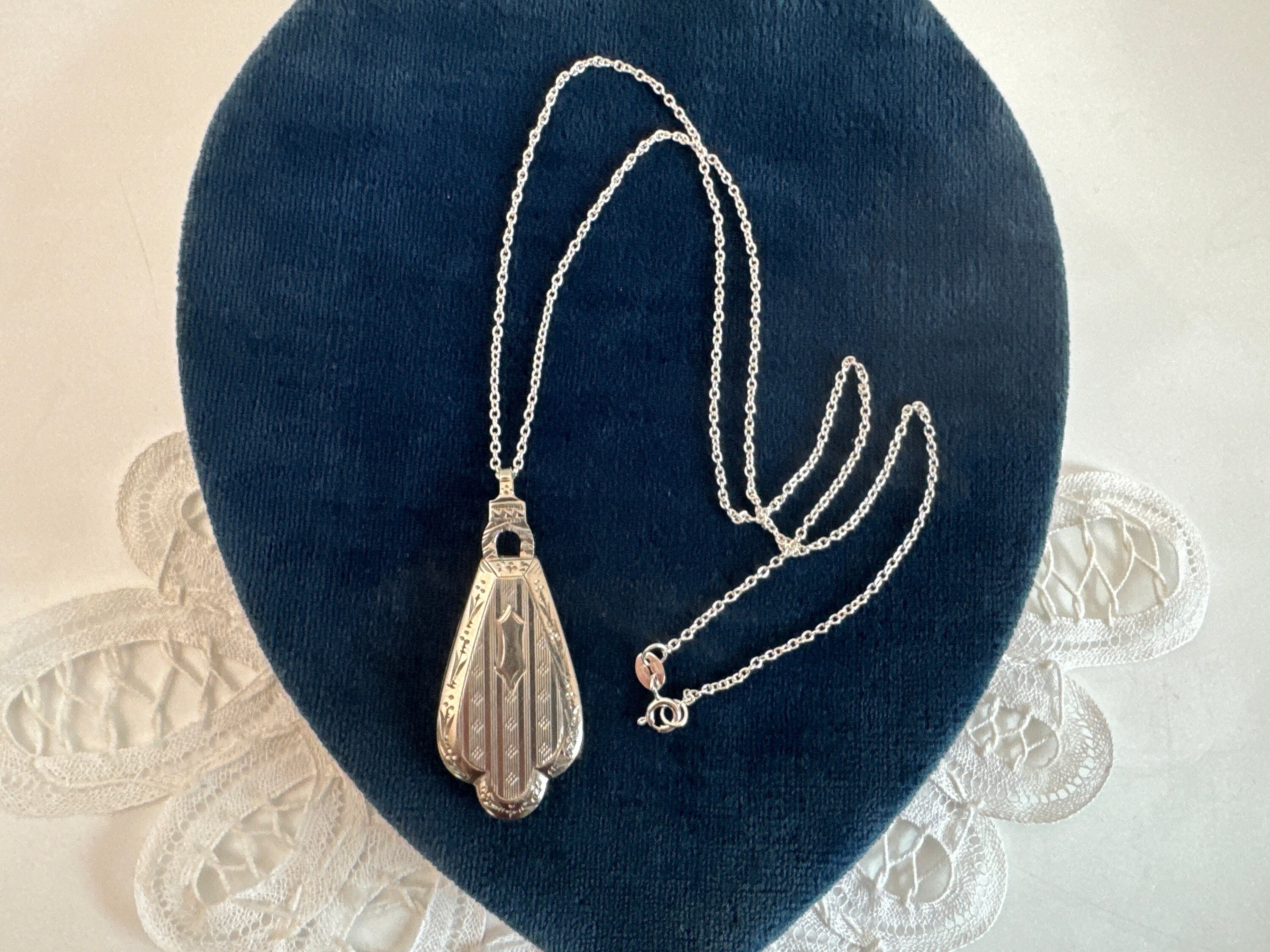 Vintage Sterling Silver Locket Shield Shape Necklace W/ SKM