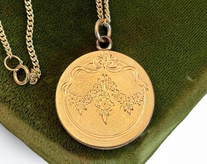 Vintage Gold Filled Locket - Antique Large Round Necklace w/ Etched Flower & “HJG” Monogram - 2 Photo Pendant on 14K GF Chain Estate Jewelry
