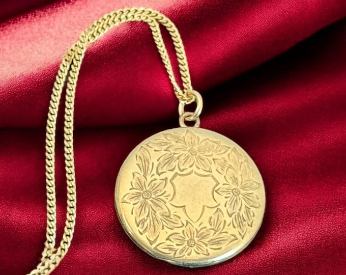 Antique Gold Filled Locket Necklace: Circle w/ Etched Flowers, 14K GF Chain