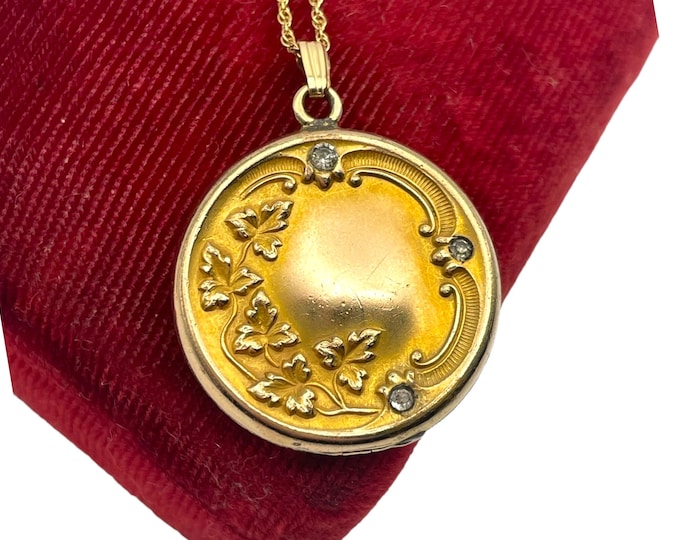 Art Nouveau Gold Filled Locket Necklace: Rhinestone and Leaves, W&H Co. EMC Monogram Antique Vintage Timeworn Treasure