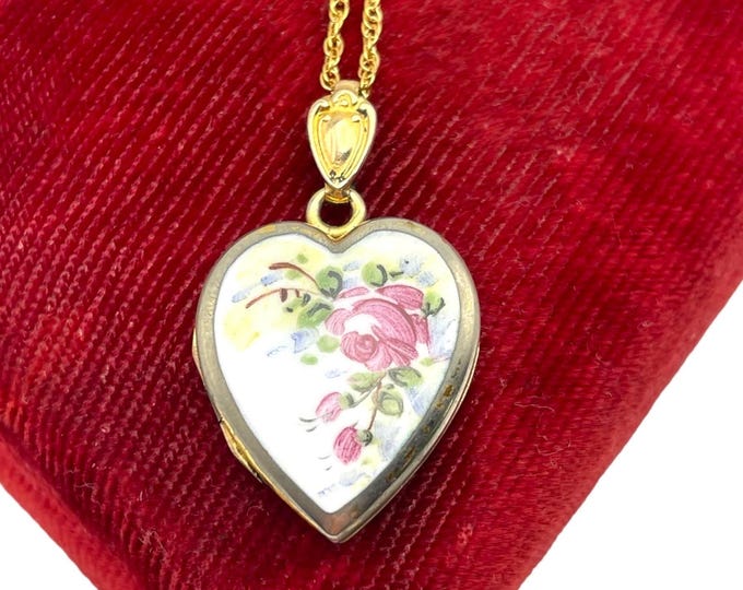 Vintage Gold Filled Heart Locket Enamel Rose Flower Painted Front 14K GF Chain Necklace - Art Nouveau BB Bliss Bros Hallmark 1930s Jewelry
