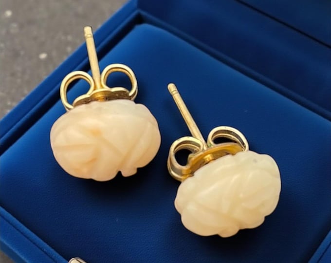 Vintage 14K Gold Carved Coral Earrings - Carved Flowers Rose Angel Skin Pink with Post Backs 8mm