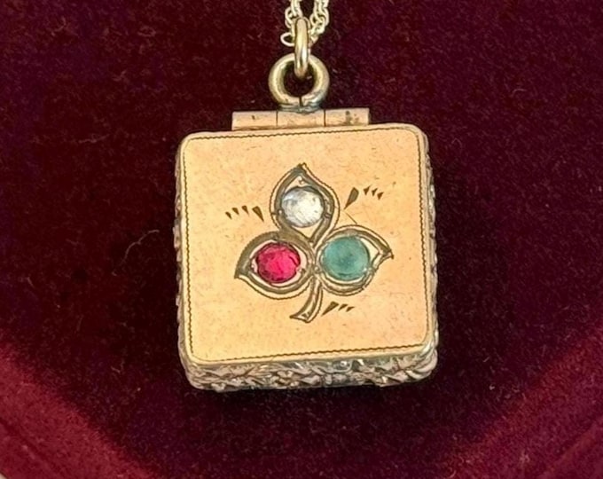 Antique Gold Filled Square Locket, Tri-color Paste Gems, JWB Monogram, 18" Chain