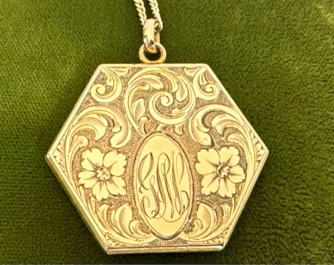 Vintage Gold Filled Etched Octagon Locket Necklace w/ Florals & Monogram on 14K GF Chain - 2 Photo Well - SOB Bigney Hallmark Estate Jewelry