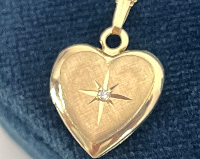 Vintage 14K Gold Heart & Diamond Locket on 14K Gold Chain Engraved “RMG” - Small Petite Pendant Necklace w/ 2 Photo Wells - Estate Jewelry