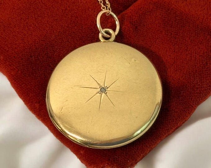 Vintage Rose Gold Shell Round Locket Necklace: Diamond Starburst, WH Hallmark