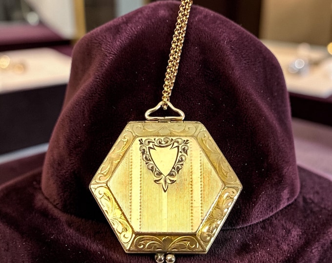 Vintage Gold Filled CQ&R Co Etched 6 Sided Hexagon Locket w/ GF Chain