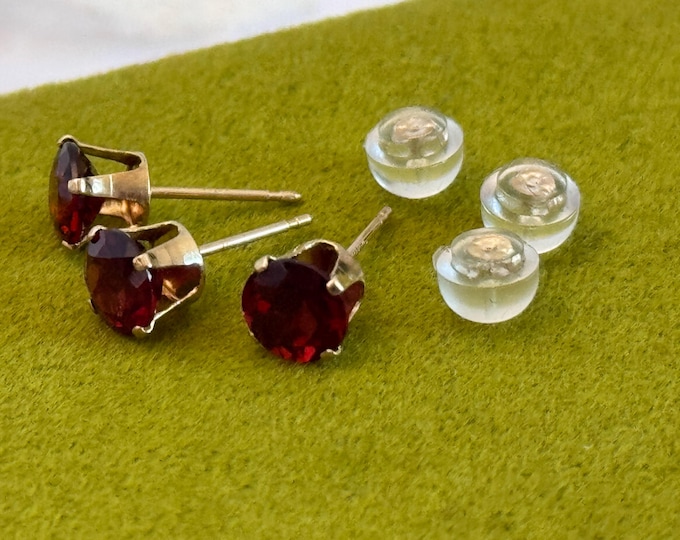 Vintage 14K Gold Garnet Stud Earrings - Set of 3 Red Gem Earrings