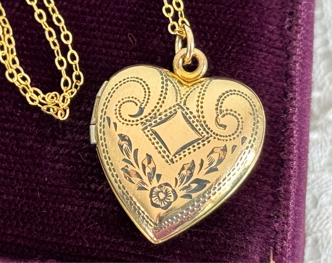 Vintage Etched 12K Gold Filled Heart Locket WH Hallmark - 2 Photo Etched Flower Geometric Pendant on 14K GF Chain - Inscribed Mary Date 1943
