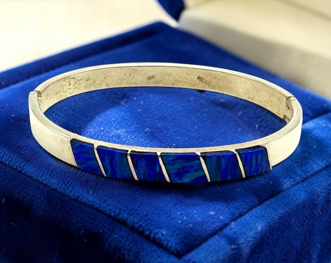 Vintage Sterling Silver Hinged Bangle Bracelet: Blue Fire Opal Inlaid Stones, Made Mexico