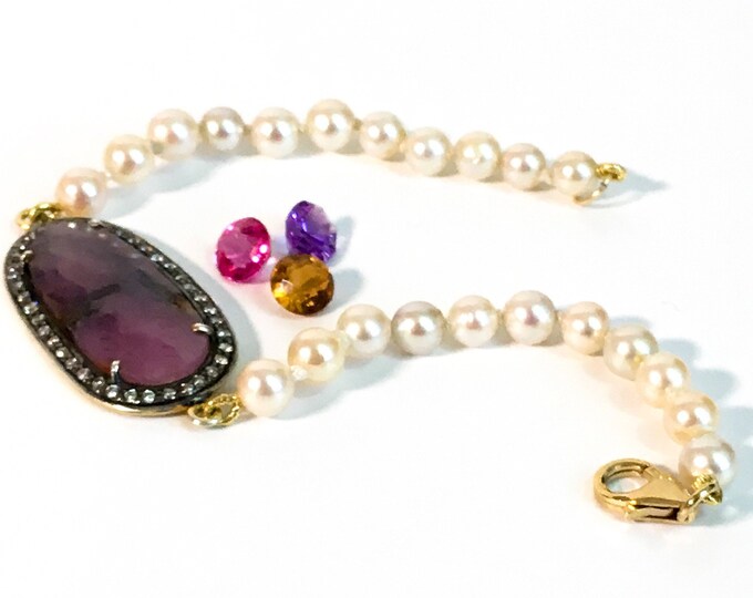 Vintage Amethyst, Genuine Pearl & Paste Bracelet - Statement Jewelry w/ Large Faceted Amethyst Oval w/ GF Clasp - Retro Wedding