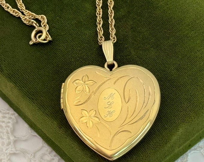 Vintage 12K Gold Filled Heart Locket Necklace - Etched Floral Monogram
