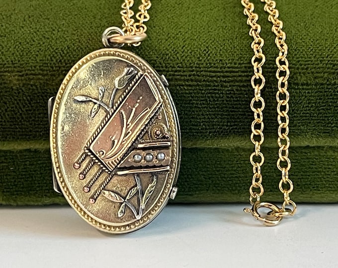 Antique Etruscan Revival Locket Ornate Oval w/ 3 Seed Pearls on 14K Gold Filled Chain - Mixed Metal Pendant Late 1800s Estate Jewelry