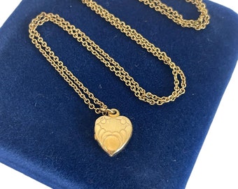 Vintage 12K Gold Filled Heart Locket Girl’s Necklace 12K GF Chain - Etched Petite Tiny Pendant Charm Jewelry Children's Photo - H F Barrows