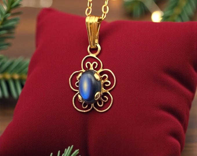 Vintage Blue Rhinestone Necklace - 12K Gold Filled Pendant with Filigree Design on Chain by Carla