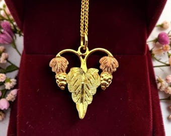 Vintage 10K Gold Black Hills Leaves and Grapes Pendant Necklace – Estate Jewelry, Tricolor Yellow Pink Green Gold Leaf and Grape Design