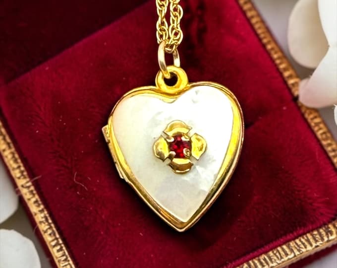 Vintage 12K Gold Filled Heart Locket Necklace - HFB Small GF Mother of Pearl Red Rhinestone Flower, Keepsake Photo Locket, Memorial Jewelry