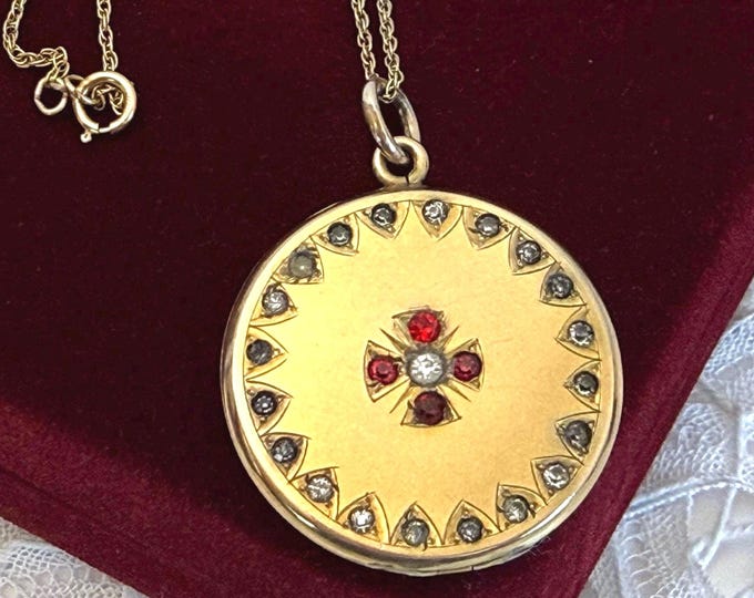 Antique Gold Filled Locket - Red and Clear Paste Stones, 12K GF Chain, W&H CO, Early 1900s