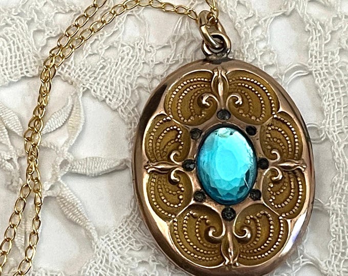 Antique LARGE Gold Filled Oval Locket: Aqua Paste Gem, 14K Chain, Monogrammed