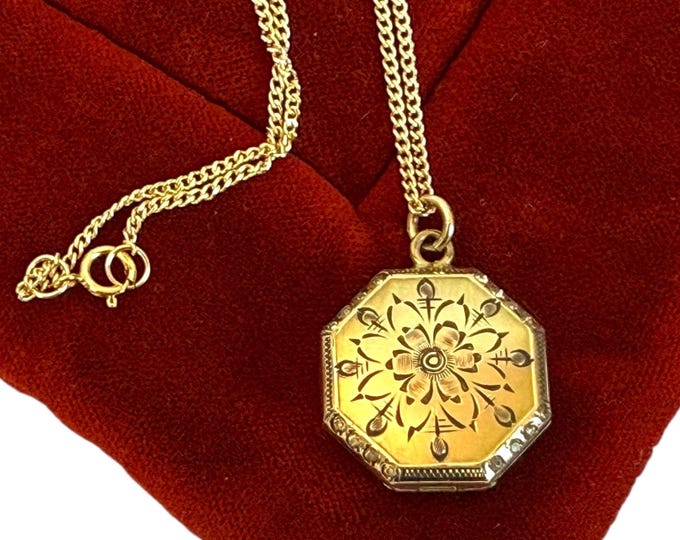 Vintage Gold Filled Etched Octagon Locket Necklace - 2 Photo Pendant - HFB Barrows on 14K GF Chain - Art Nouveau Estate Jewelry Gift for Her
