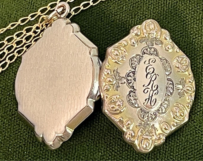 Vintage 10K Gold Filled FM Co Etched Locket Necklace w/ ERH Monogram on 14K GF Chain - Ornate Repousse Sweetheart Jewelry - 2 Photo Wells