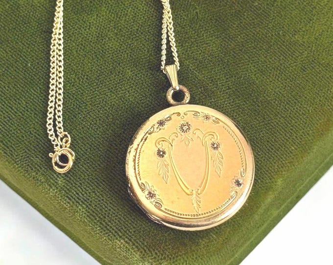 Vintage Gold Filled Round Locket w/ Etched Front & LMW Monogram on 14K GF Chain - JF Sturdy Mark - Retro Estate Jewelry "Timeworn Treasure"