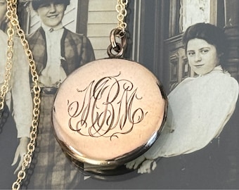 Antique Rose Gold Filled Edwardian Locket “MBM” Monogram - Round 2 Photo 14K Rose GF Chain - S & BL Co 2 Photo Wells - Early 1900s Necklace
