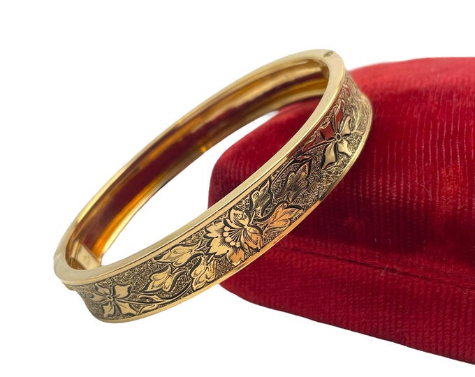 Vintage 12K Gold Filled Etched Bracelet - Retro Hinged Bangle Cuff with Flower / Floral Design - Estate Jewelry 1940s Carl Art Gift for Her