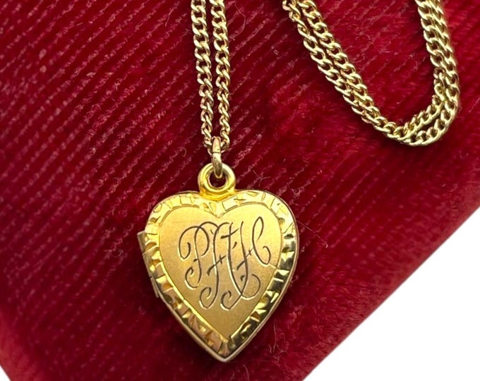 Vintage Small 12K Gold Filled Etched Heart Locket Necklace - Etched PAH Monogram - Petite Photo Pendant 12K GF Chain HFB Hallmark Gift Love