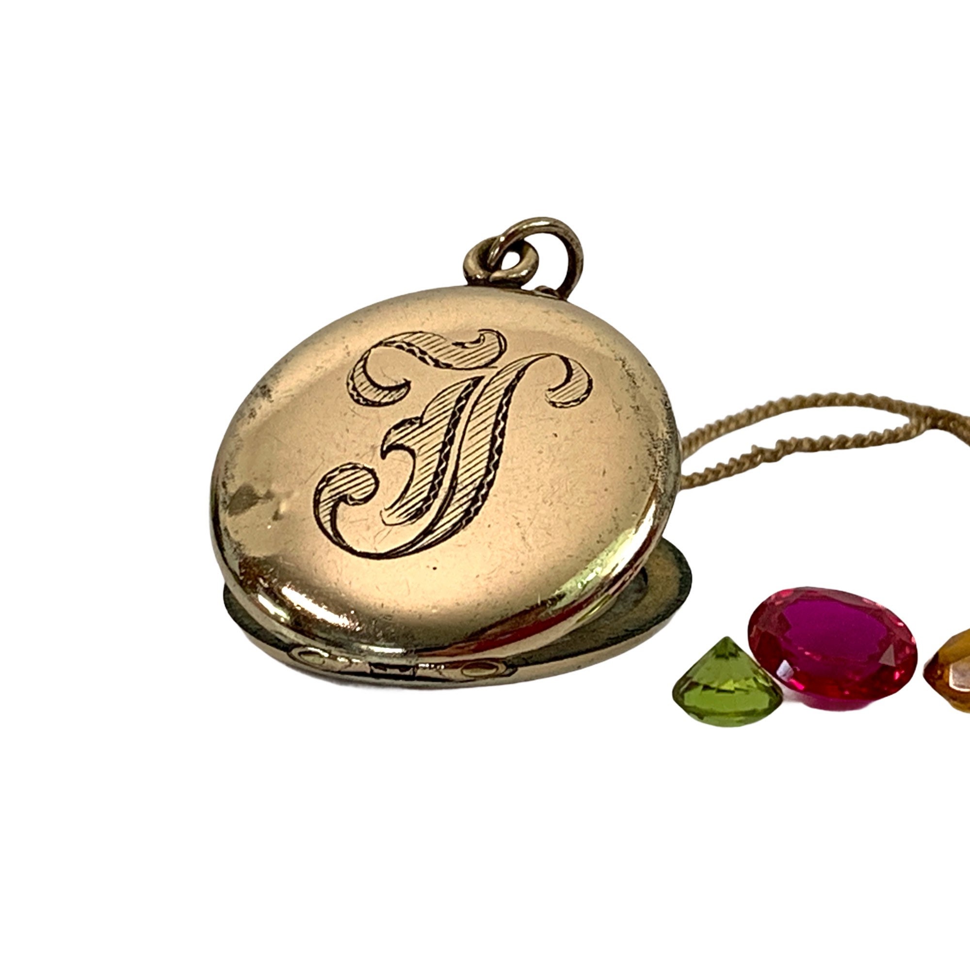 Antique Round Monogrammed T Gold Filled Locket - 2 Photo Necklace 
