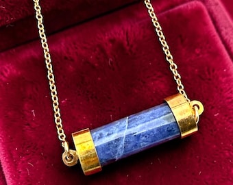 Vintage 12K Gold Filled Chain Necklace – Lapis Lazuli Blue Stone Capsule Necklace, Barrel Tube Cylinder Bead Pendant