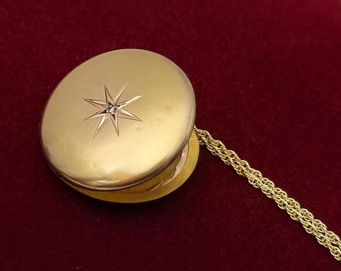 Vintage Round Diamond Starburst Locket - Monogrammed MJW - Gold Filled 2 Photo Necklace, ca 1900s