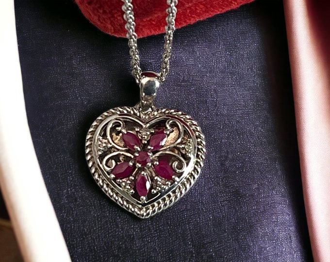 Vintage Sterling Silver & Ruby w/ Diamonds Openwork Heart Locket on 925 Sterling Chain - Retro Pendant Necklace w/ Filigree Flower Design