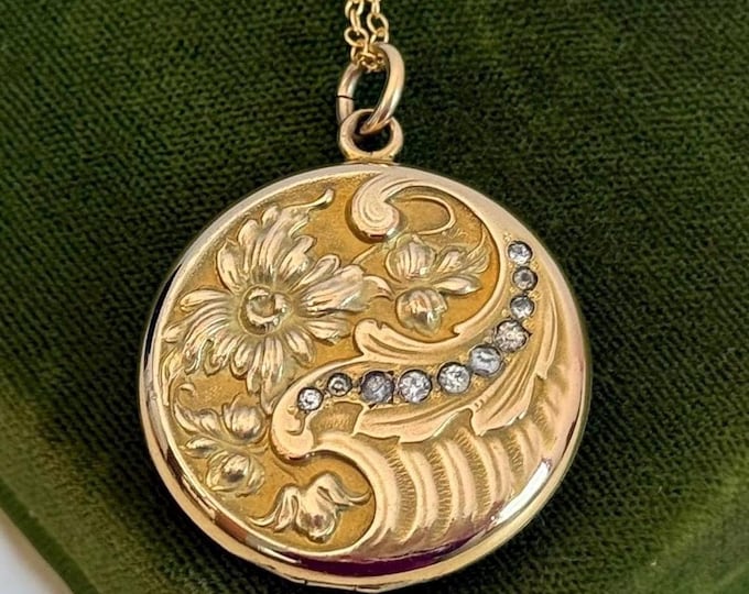 Antique Art Nouveau Locket Necklace: Floral 14K Gold Filled Pendant, W & SB, 1900s