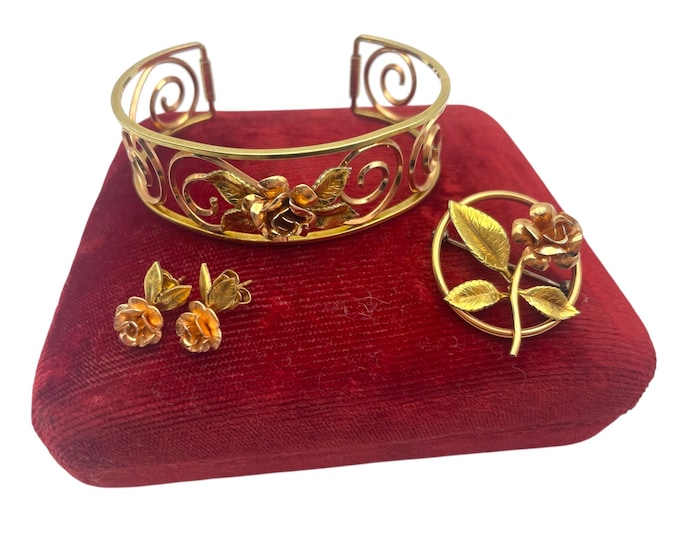 Vintage Krementz Gold Filled Rose Bracelet Pin and Post Earrings Set - 14K Yellow Gold Overlay Single Pink Rose Bangle Brooch Jewelry 1960s