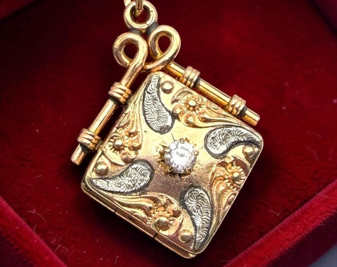 Antique Gold Filled Square Locket Fob: Etched Rhinestone Monogram JW Pendant