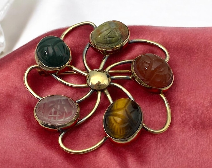 12K Gold Filled Scarab Brooch Pin: Mid Century Egyptian Revival Jewelry