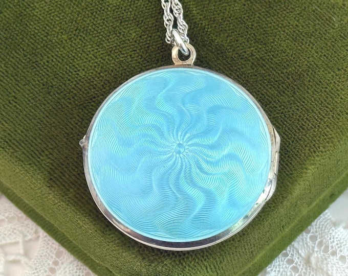 Antique Blue Guilloche Sterling Silver Enamel 2 Photo Locket on 925 Chain