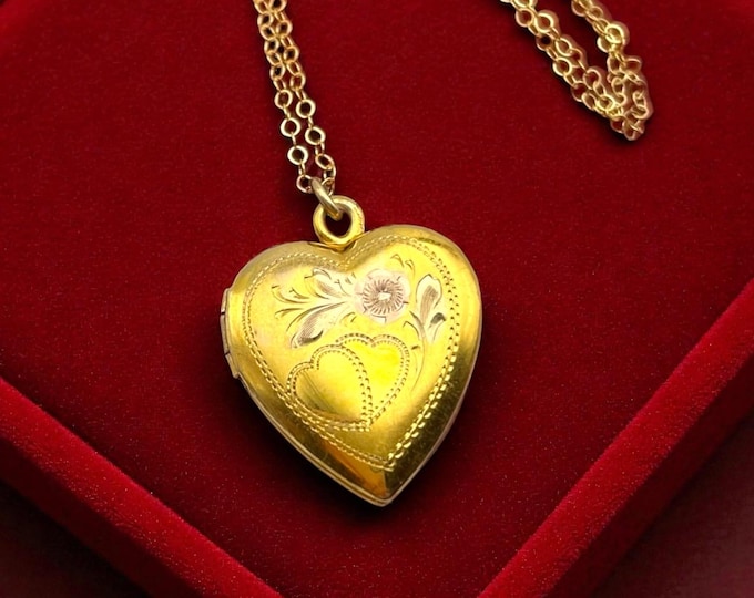 Vintage Vermeil Heart Locket Necklace: 12K Gold on Sterling Etched Floral Keepsake