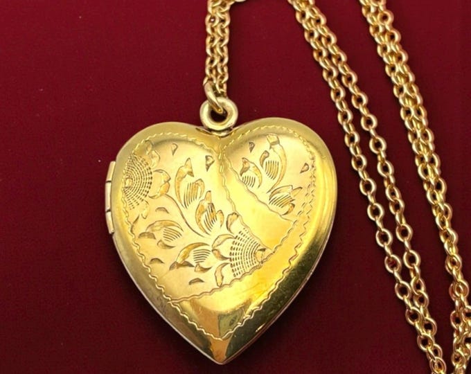Vintage Gold Filled Heart Locket Necklace: Etched Floral Pendant, 12K GF Chain