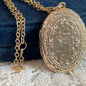 Vintage Oval 12K Gold Filled Locket w/ Ornate Etched Florals / Flowers & B B Hallmark - 2 Photo Wells - Pendant Necklace on 14K GF Chain