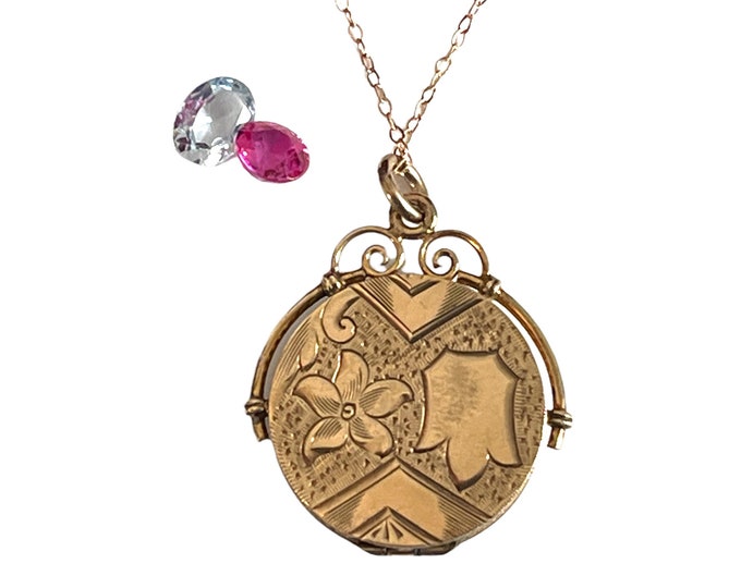 Antique Rose Gold Filled Etched Fob Locket 14K Rose GF Chain - Vintage Necklace Ornate Frame - 2 Photo SKM Hallmark Estate Jewelry Ca 1900